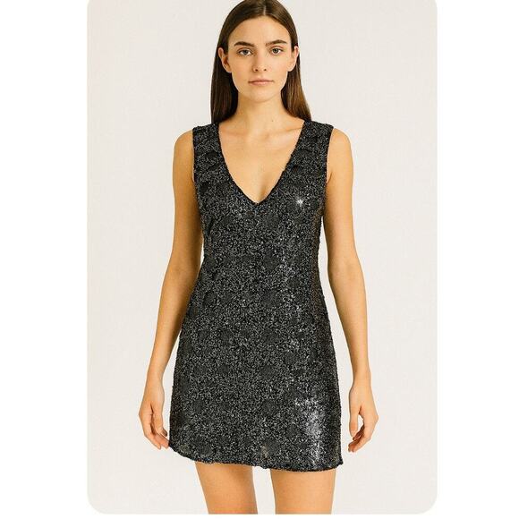 Express Dark silver sequined sleeveless mini dress gun metal V-neck A-line SZ M - Picture 1 of 8